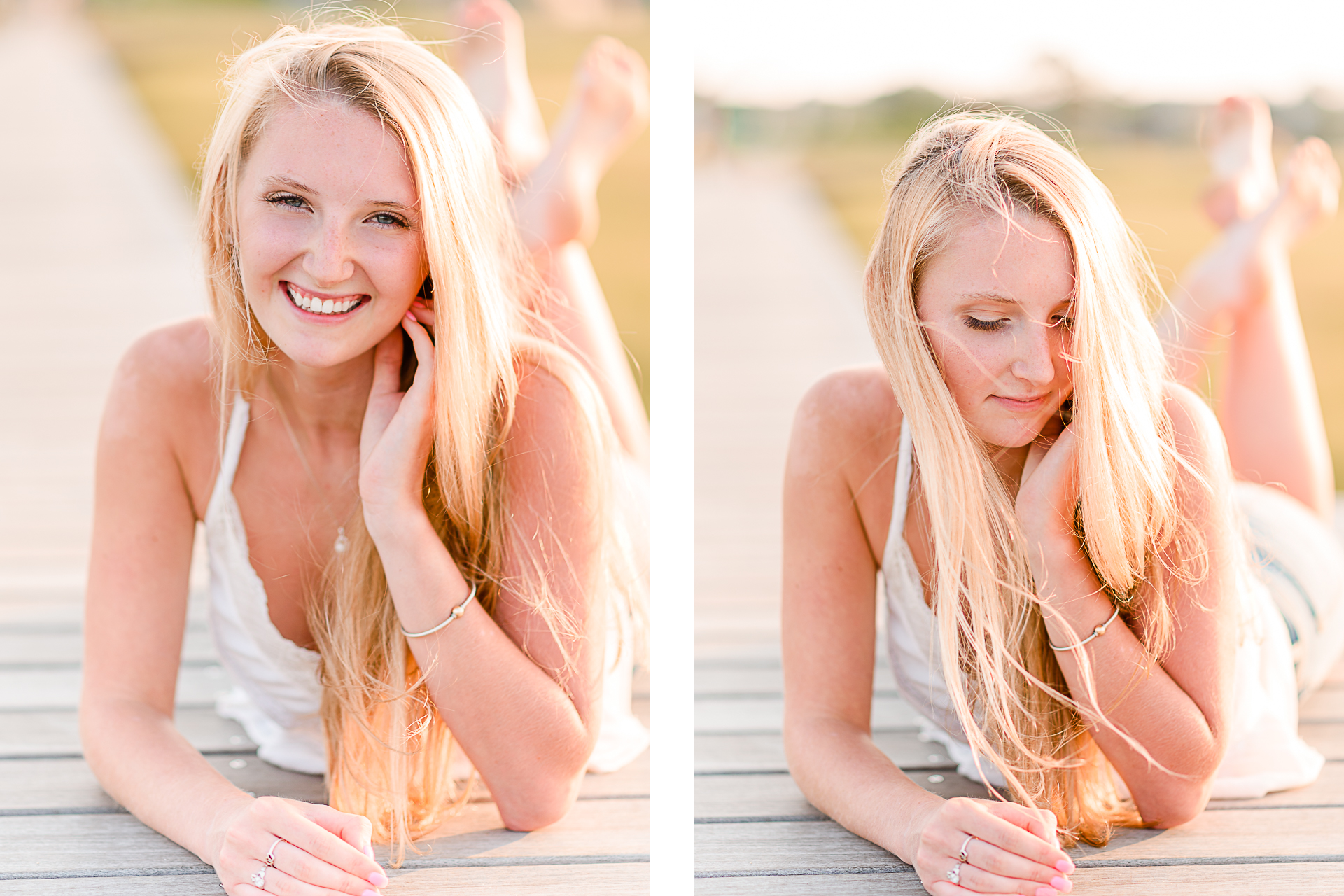 Photo by Cape Cod Senior Portrait Photographer Christina Runnals | High school senior girl laying on her stomach on a boardwalk smiling at the camera