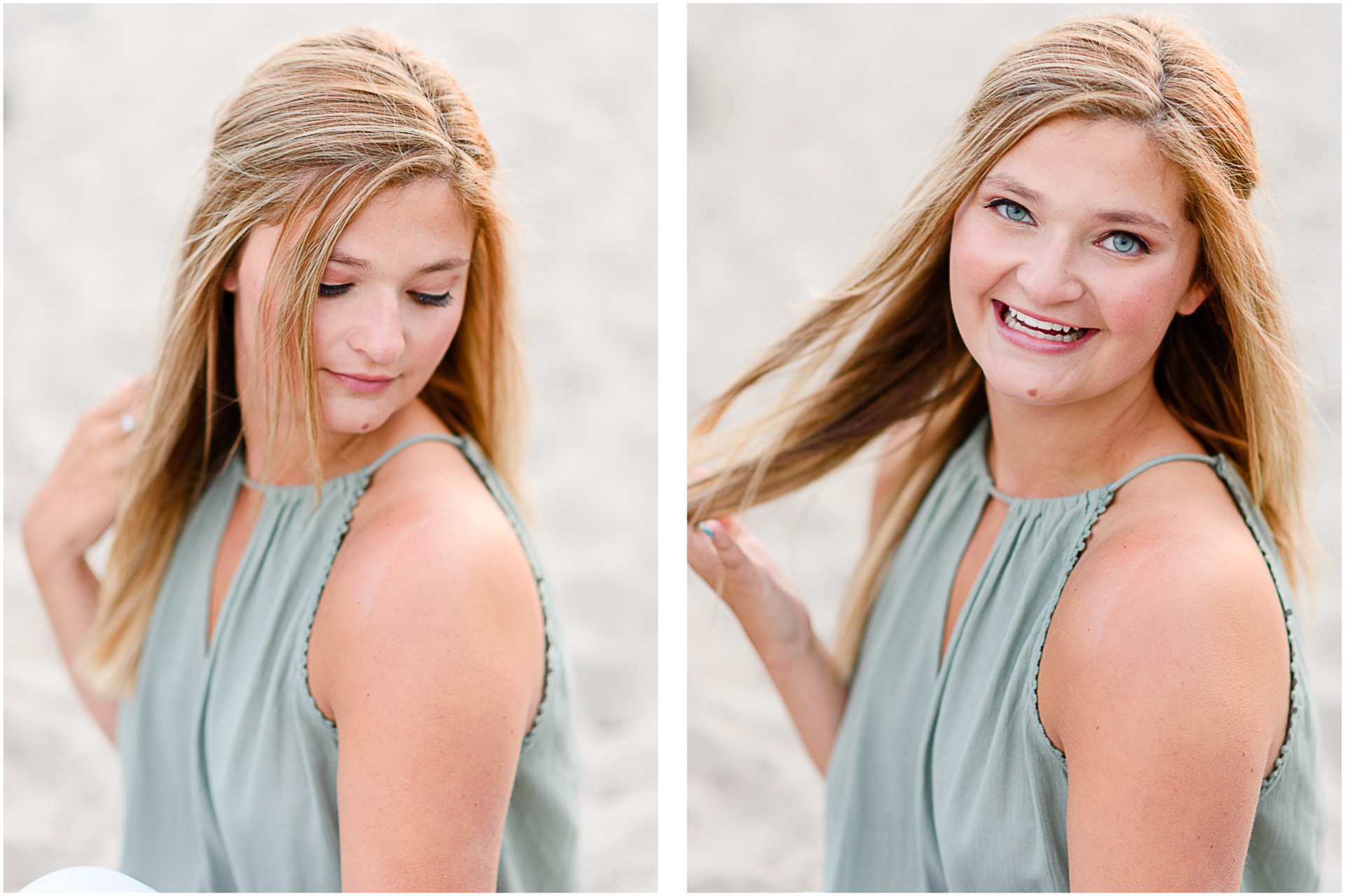 Photo by Marshfield senior portrait photographer Christina Runnals | High school girl sitting in the sand and laughing