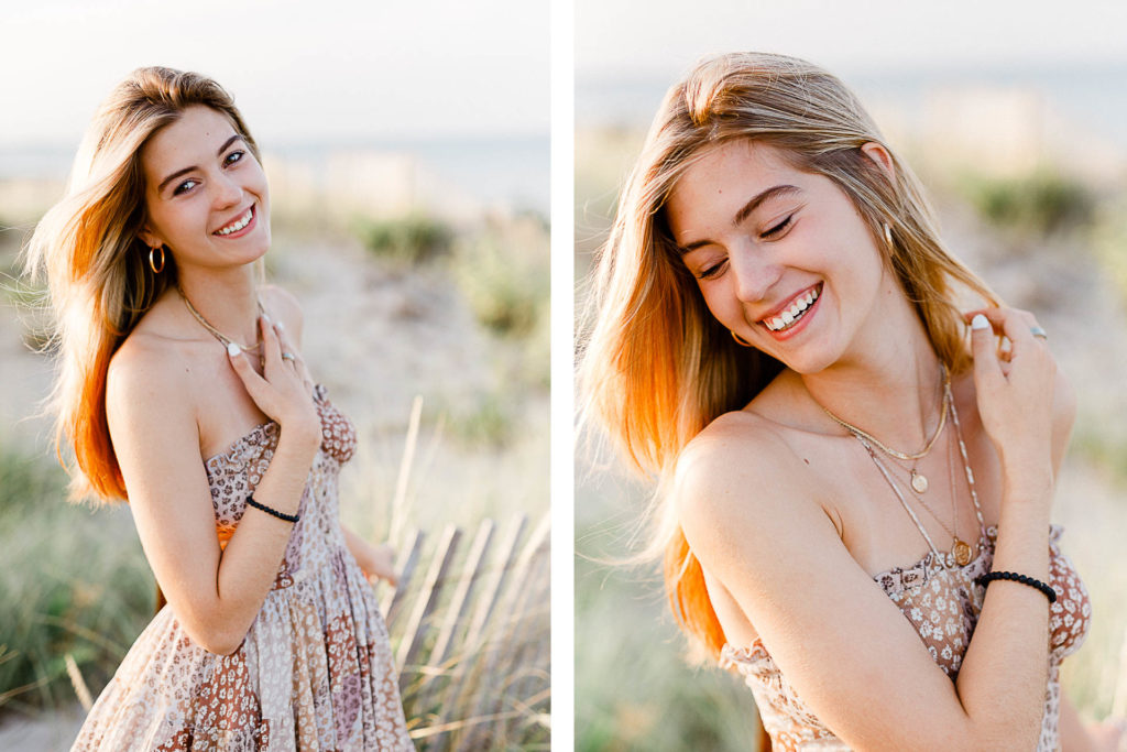 Photos by Cohasset senior portrait photographer Christina Runnals | High school senior girl standing in front of beach grass and a fence with water in the background