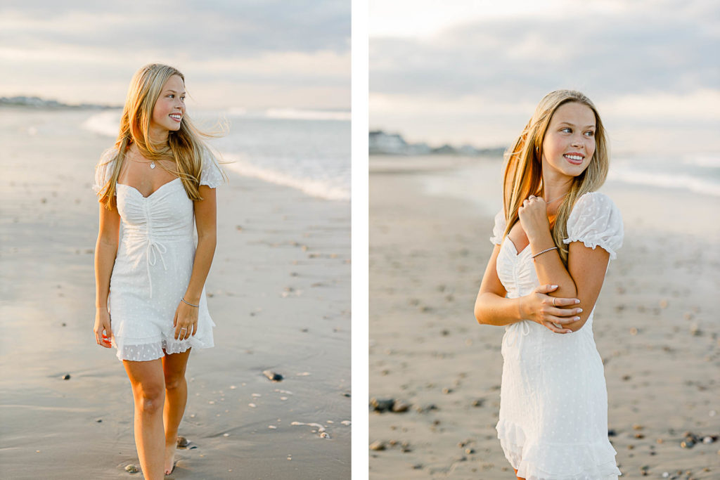 Photo by Massachusetts senior portrait photographer Christina Runnals | High school aged girl walking and standing on the beach smiling for her senior portrait pictures