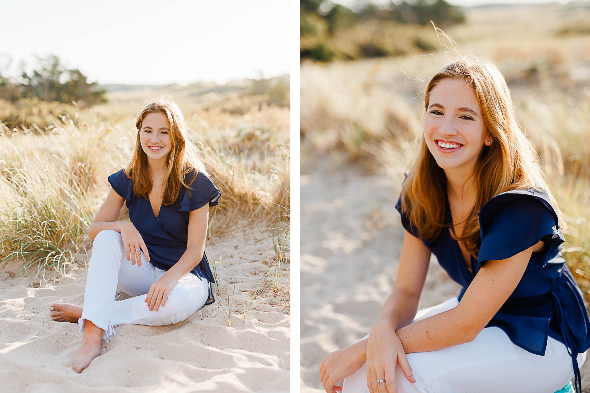 Photo by Cohasset senior photographer Christina Runnals | High school senior girl sitting in front of beach grass and smiling