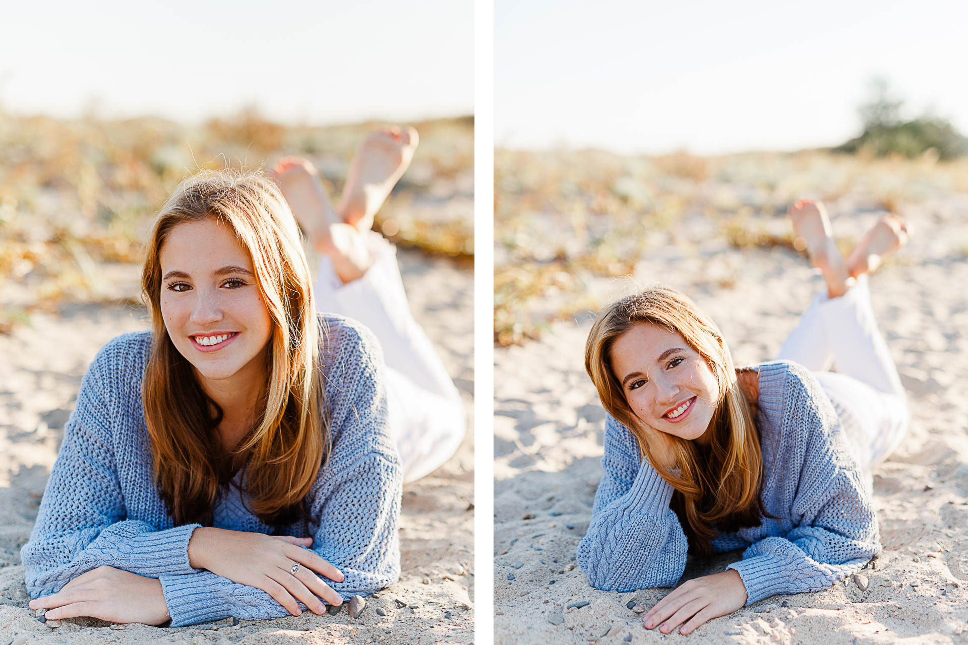 Photo by Cohasset senior photographer Christina Runnals | High school senior girl laying on the sand at a Cohasset beach and smiling