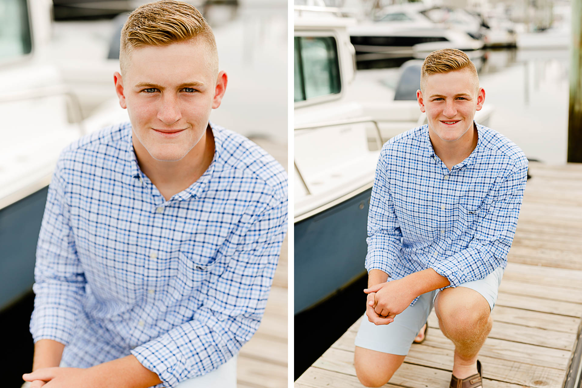Photo by Scituate Senior Portrait Photographer Christina Runnals | High school senior boy squatting on a dock next to a boat