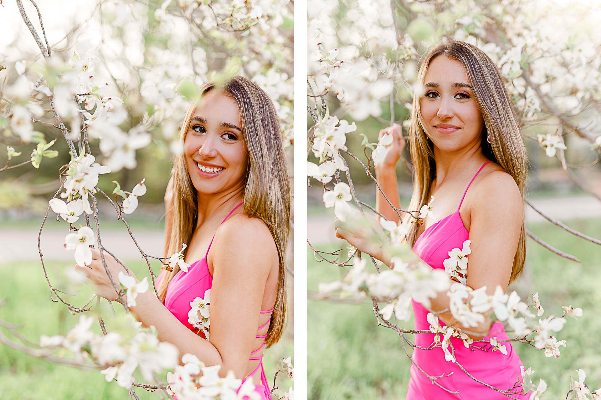 Photos by Hingham Senior Photographer Christina Runnals | Pink prom dress photos with flowers in the background