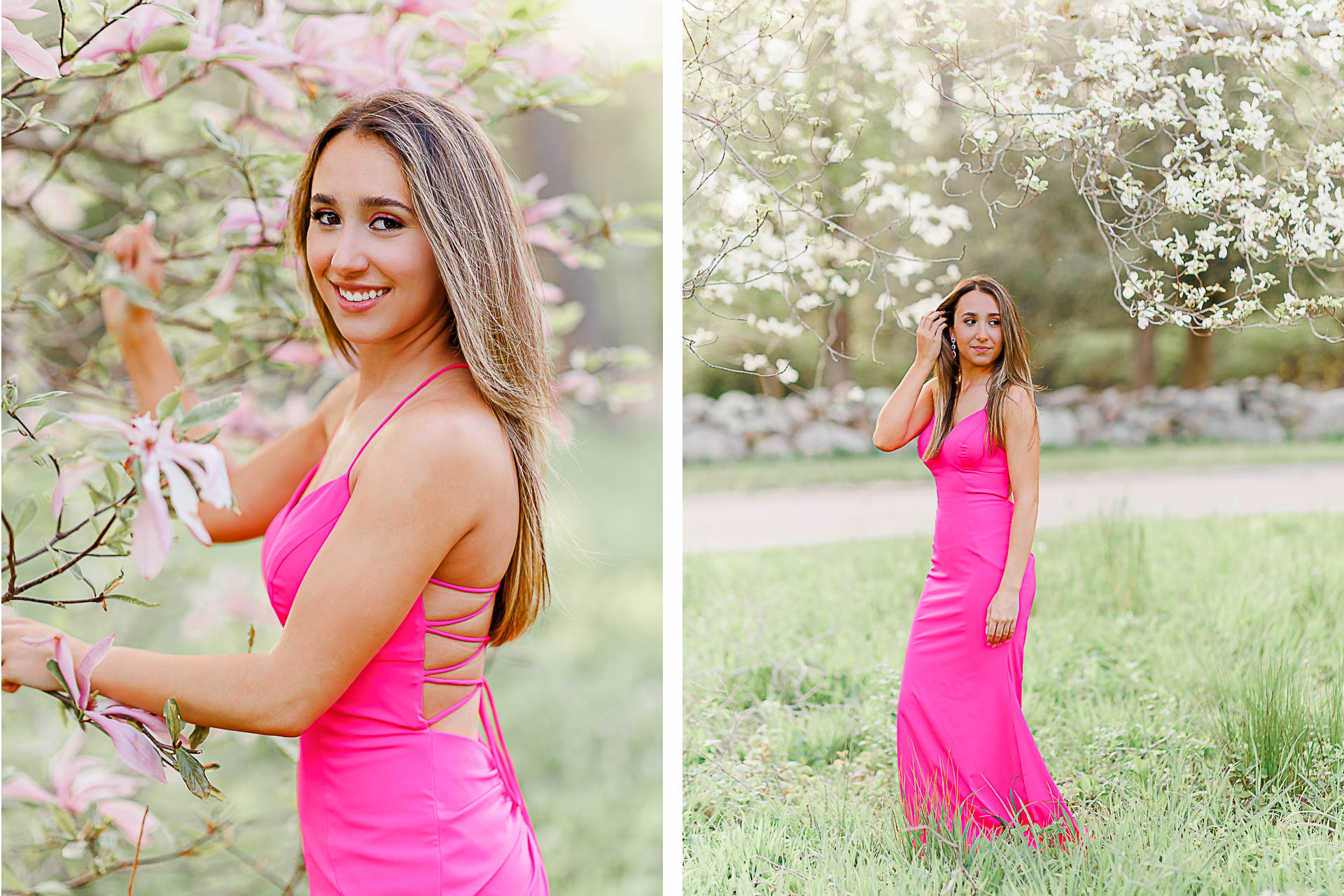 Photos by Hingham Senior Photographer Christina Runnals | A girl wearing a hot pink prom dress with flowers in the background