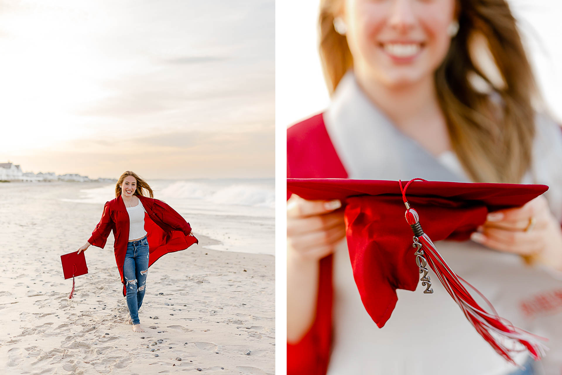 Photo by Arlington senior portrait photographer Christina Runnals | Girl wearing cap and gown on the beach