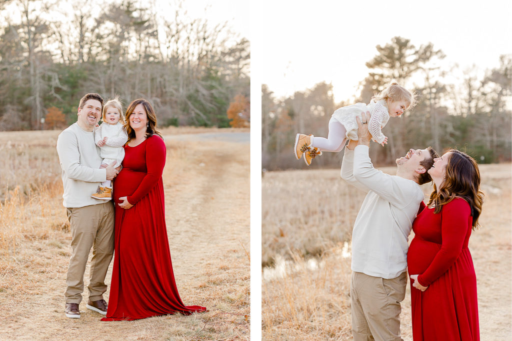 Maternity portraits with Massachusetts maternity photographer Christina Runnals | Woman in red maternity photoshoot dress