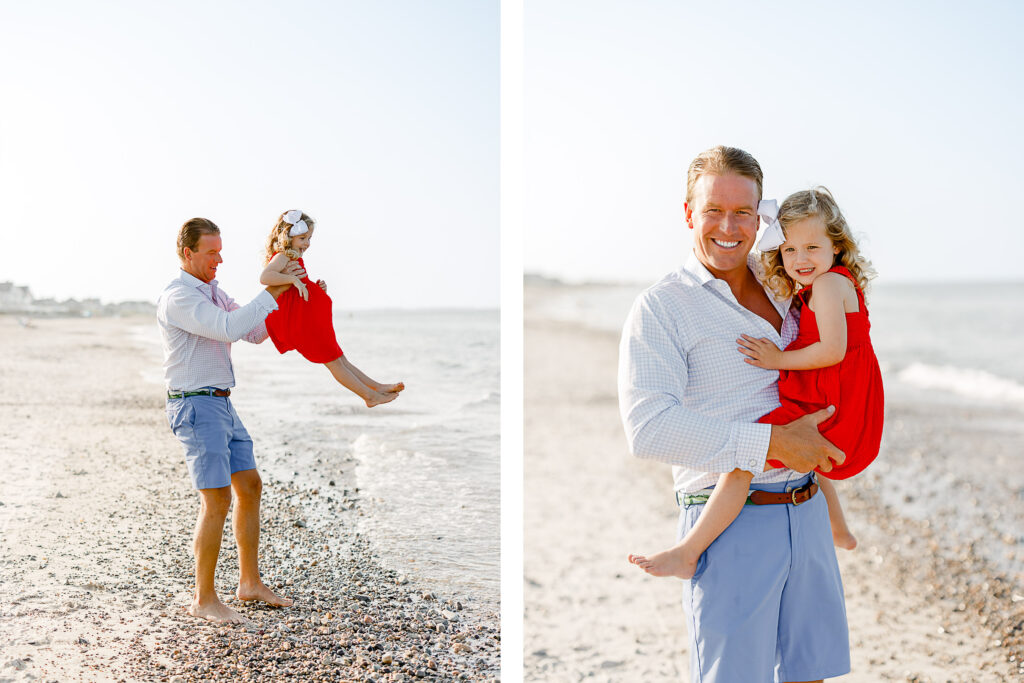 Cohasset beach family pictures featuring a family in all-American colors on a sunny day