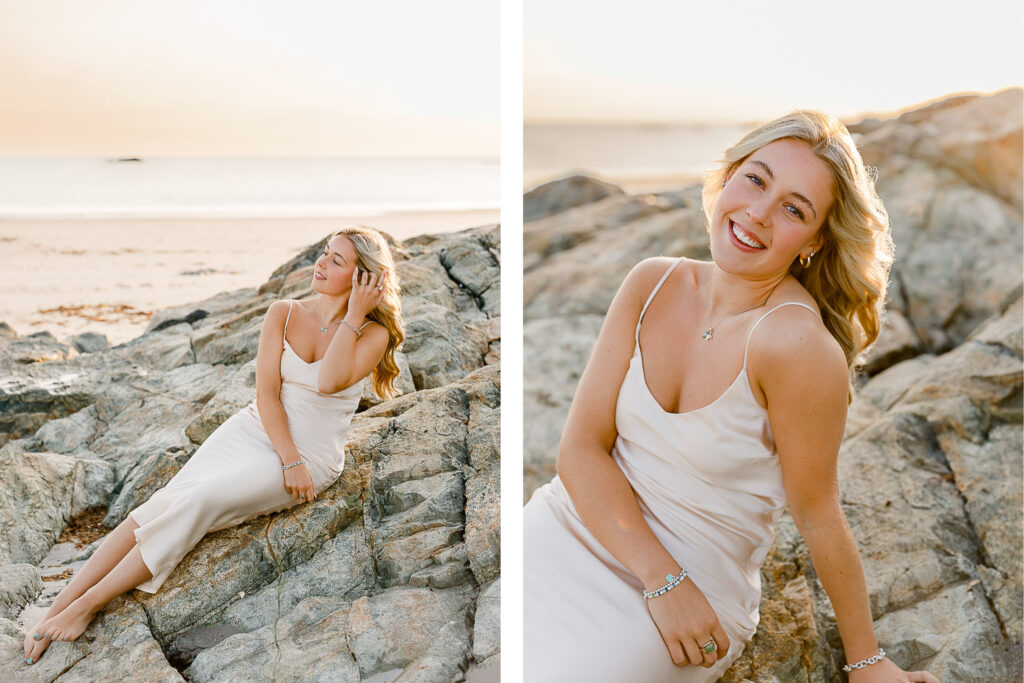 Senior pictures at sunrise are stunning in New England | Image by Christina Runnals Photography | Girl in golden satin dress sitting on rocks at sunrise