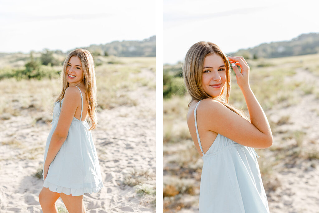 Izzy Monteiro's senior pictures by Scituate MA senior photographer Christina Runnals | senior photos taken on the beach in Massachusetts of girl with long blond hair wearing a light blue dress