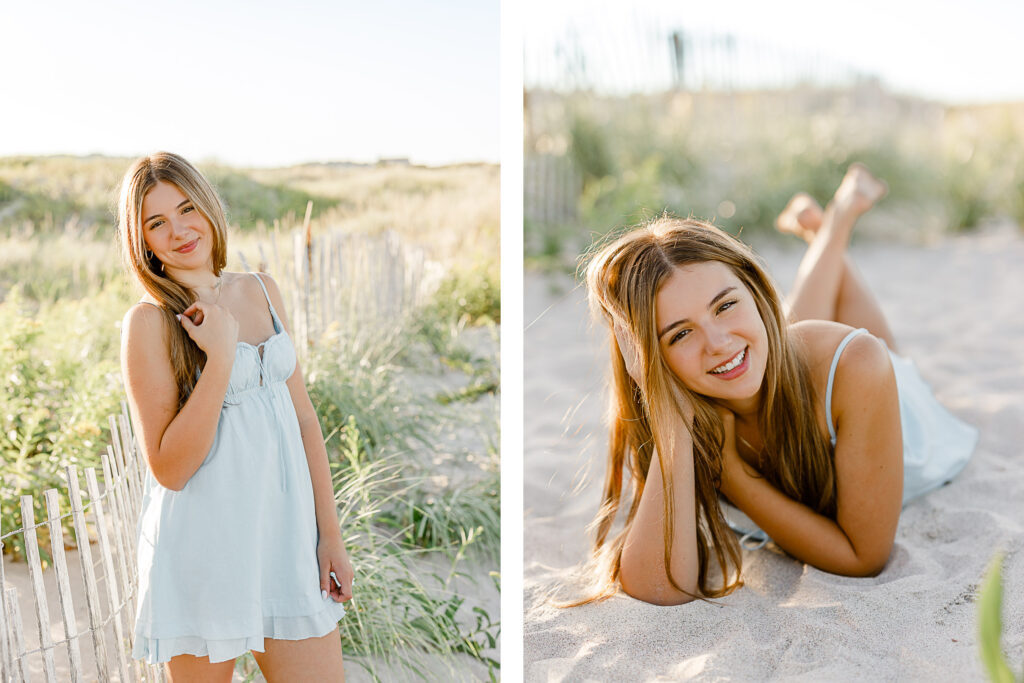 Izzy Monteiro senior pictures by Scituate MA senior photographer Christina Runnals | senior photos taken on the beach in Massachusetts of girl with long blond hair wearing a light blue dress