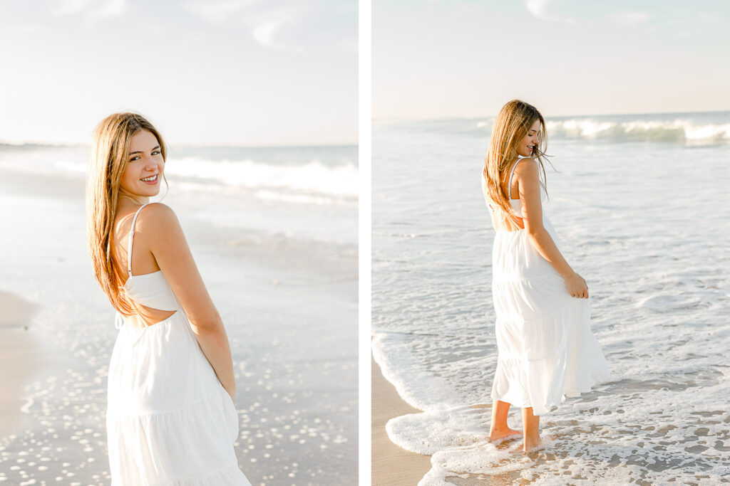 This image demonstrates that when choosing outfits for your senior photos it is recommended to wear a long flowy dress, as Izzy did at the beach pictured here.  She wore a long white flowy dress.