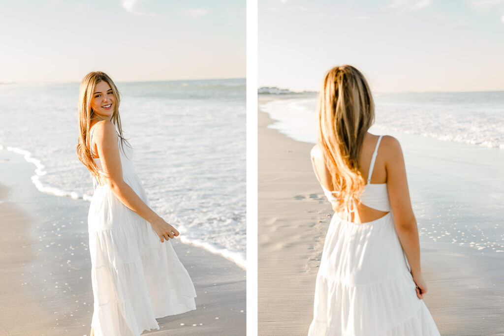 Izzy Monteiro senior pictures by Scituate MA senior photographer Christina Runnals | senior photos taken on the beach in Massachusetts of girl with long blond hair wearing a long white flowy dress at golden hour