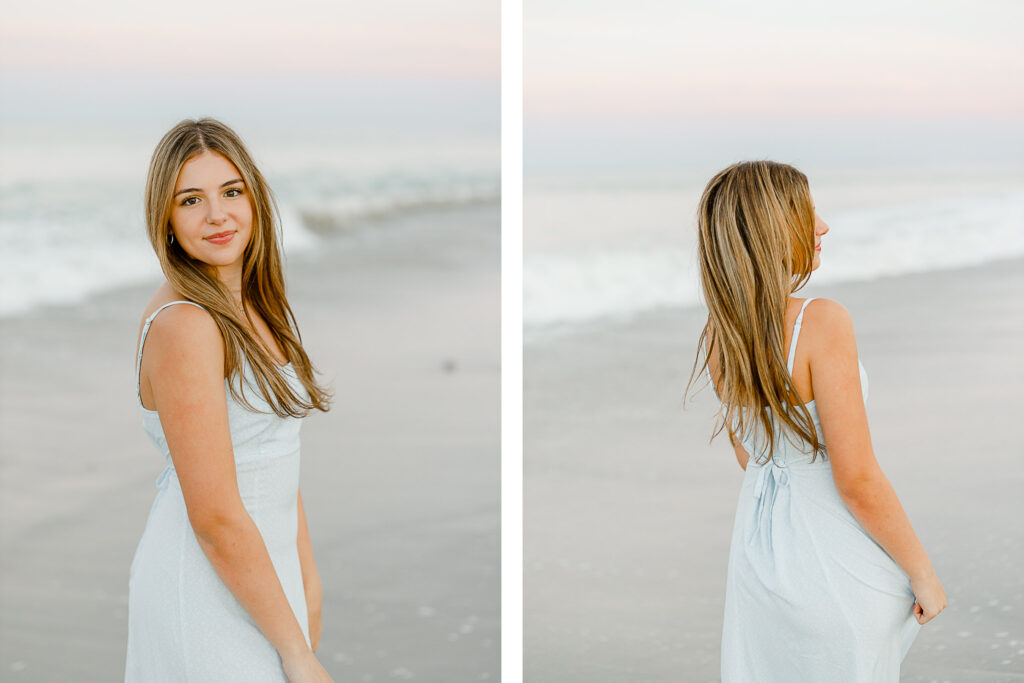 Izzy Monteiro senior pictures by top New England senior photographer Christina Runnals | senior photos taken on the beach in Massachusetts of girl with long blond hair wearing a long white flowy dress at golden hour