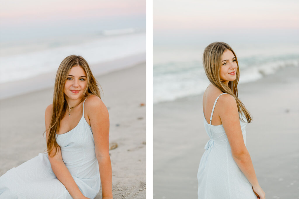 Izzy Monteiro senior pictures by top New England senior photographer Christina Runnals | senior photos taken on the beach in Massachusetts of girl with long blond hair wearing a long white flowy dress at golden hour