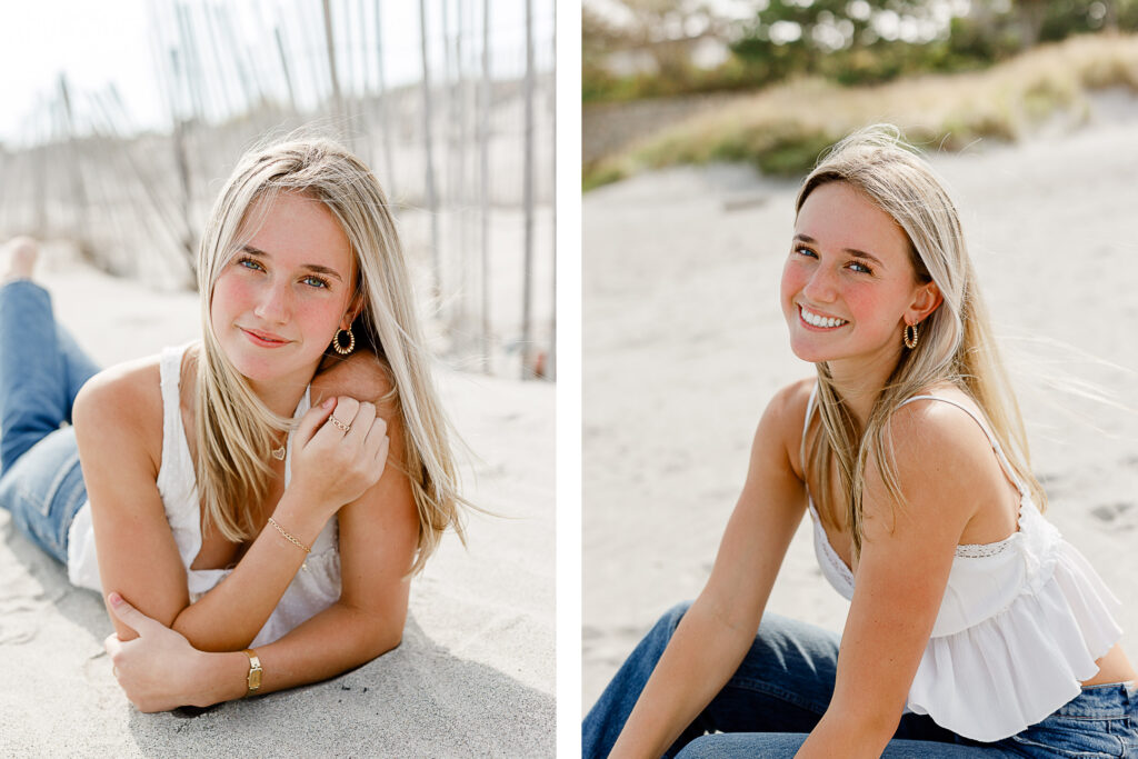 Bella Maltais' senior portraits taken by Christina Runnals, Wachusett photographer for senior portraits | Girl on the beach in jeans and a white shirt 