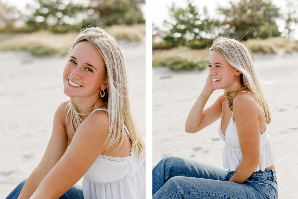 Bella Maltais' senior portraits taken by Christina Runnals, Wachusett photographer for senior portraits | Girl on the beach in jeans and a white shirt 