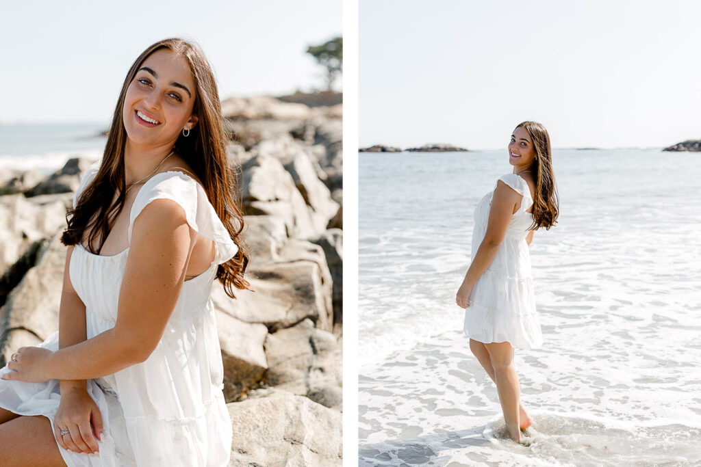 Maddie Reider's Framingham senior pictures taken on a rocky beach of white sands in Massachusetts