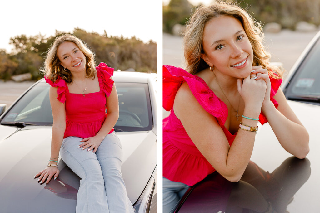 Alexa's senior photos on a car taken by South Shore photographer Christina Runnals