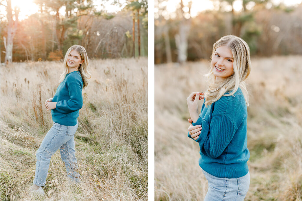 Massachusetts fall photoshoot with high school senior Lauren.  Lauren is wearing a teal sweater and jeans.