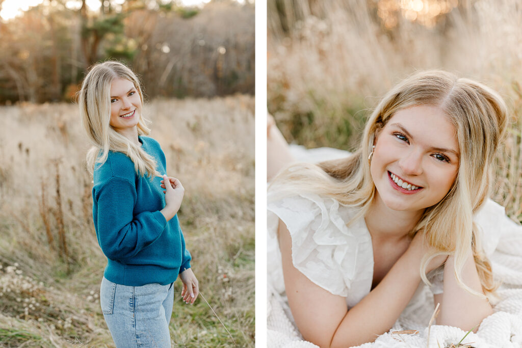 Massachusetts fall photoshoot with high school senior Lauren.  Lauren wore a teal sweater with jeans a white dress.