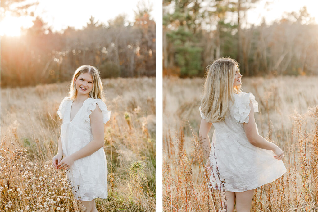 Massachusetts fall photoshoot with high school senior Lauren.  Lauren is wearing a white dress with puffy sleeves.  These senior pictures have a Taylor Swift inspired vibe.