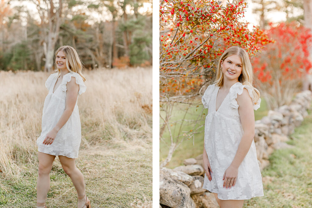 Massachusetts fall senior pictures with high school senior Lauren.  Lauren is wearing a white dress with puffy sleeves.  These senior pictures have a Taylor Swift inspired vibe.