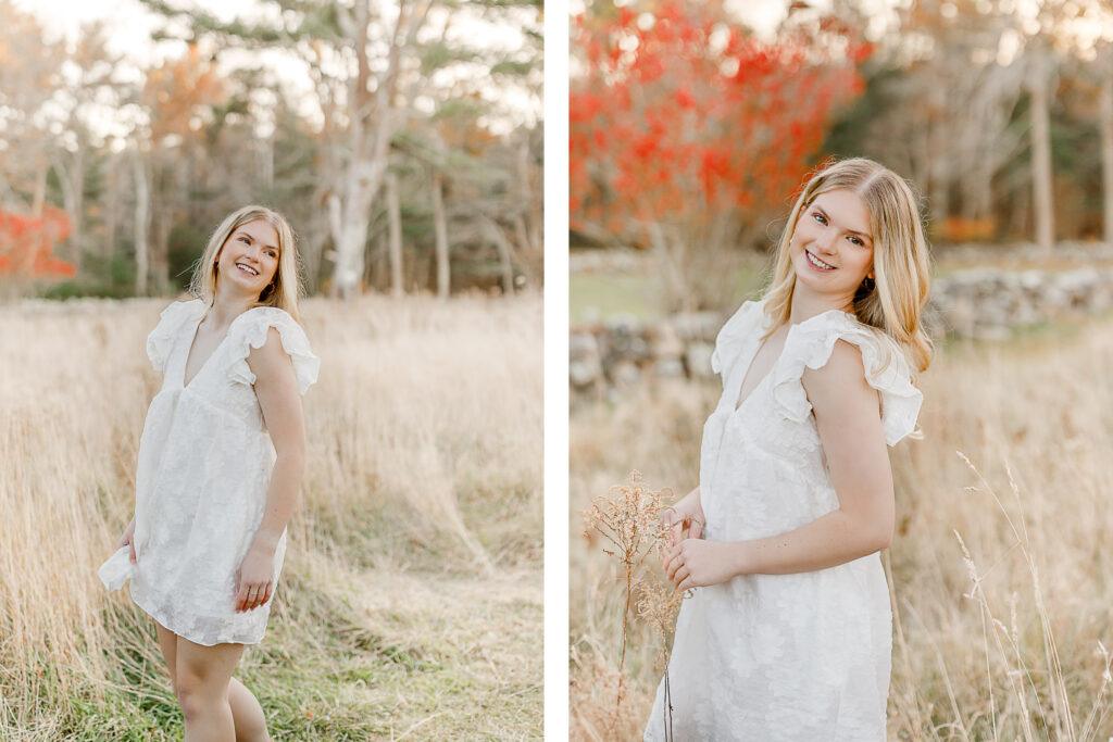 Massachusetts fall senior pictures with high school senior Lauren.  Lauren is wearing a white dress with puffy sleeves.  These senior pictures have a Taylor Swift inspired vibe.