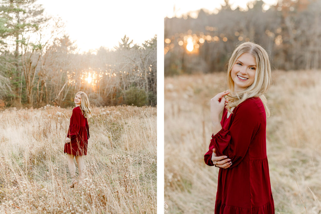 South Shore Massachusetts fall senior pictures with Notre Dame Academy senior Lauren.  Lauren is wearing a red dress for her senior pictures.