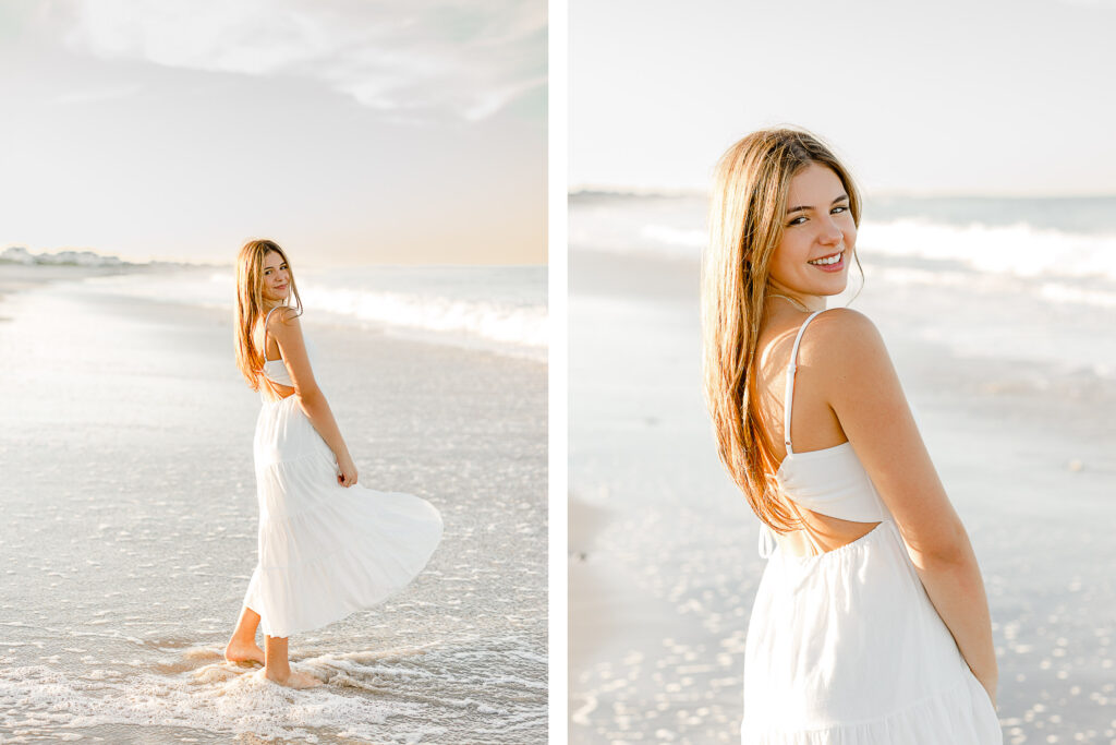 Image by best senior photographer in Massachusetts Christina Runnals | Girl in white flowy dress standing int the waves