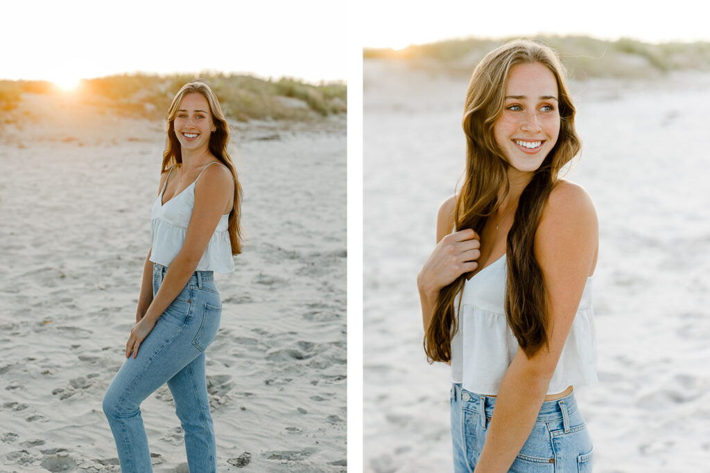 Girl on a Massachusetts beach with long hair, jeans, and a white cotton tank top