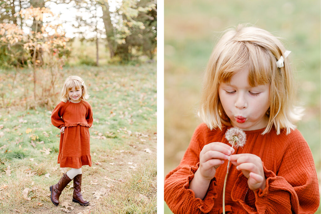Images of a fall family portrait session by Wayland Massachusetts family photographer Christina Runnals | Little girl in red dress