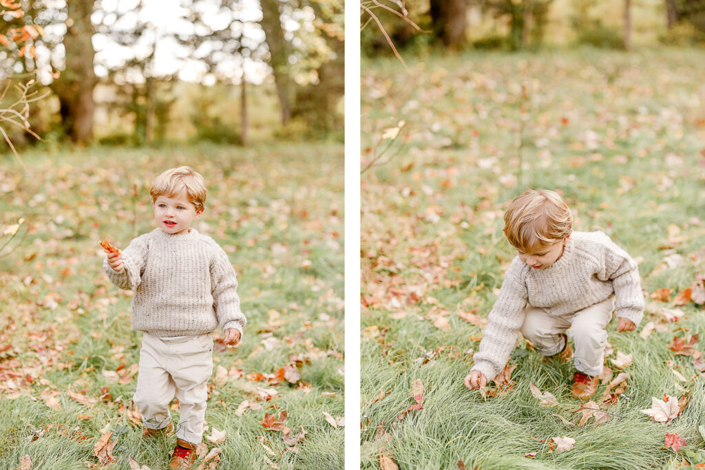 Images of a fall family portrait session by Wayland Massachusetts family photographer Christina Runnals | Little boy in chunky knit sweater