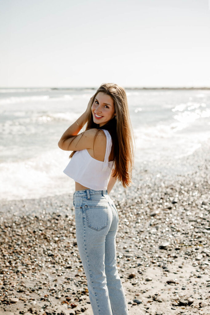 Elsa Martinez's Wellesley MA senior pictures taken at the beach on the South Shore