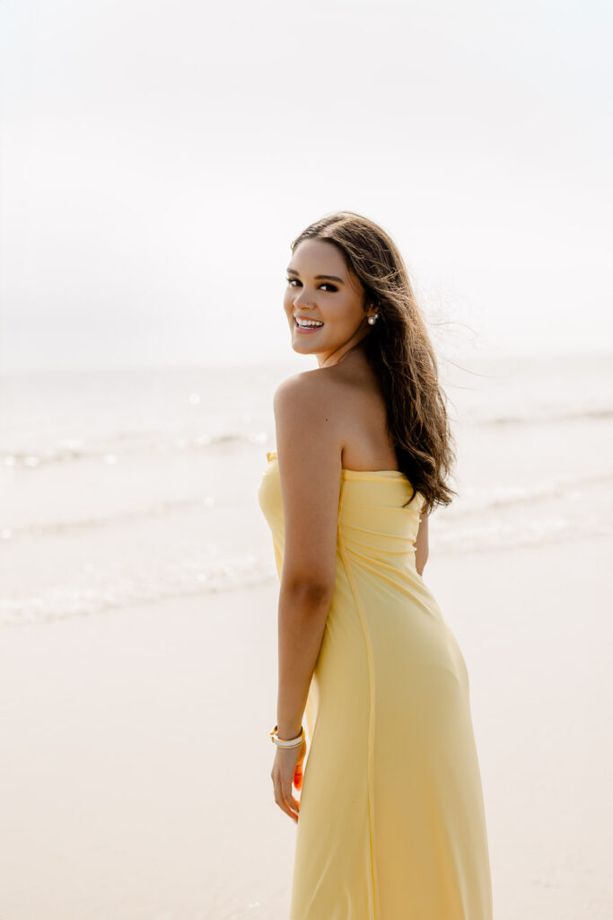 Duxbury Beach senior portraits Massachusetts with a girl in a long butter yellow dress